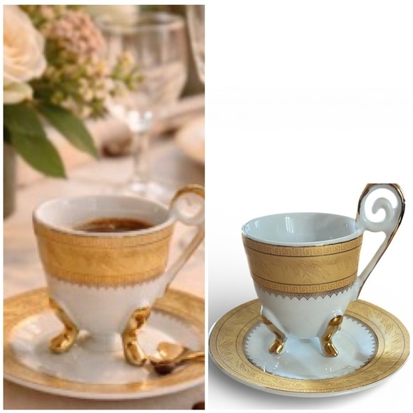Other - Vintage Porcelain Demitasse Elegant Gold White Footed Mini Teacup Saucer Set